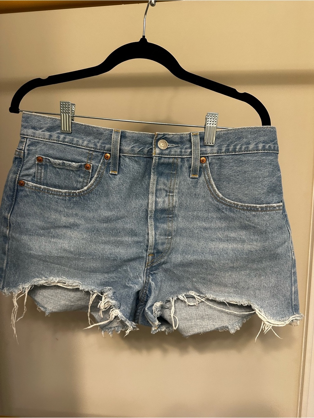 Levi's Light Blue Frayed Hem Denim Shorts